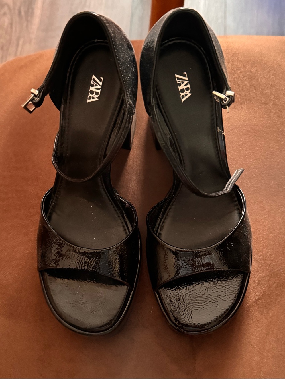 ZARA Black Patent Open-Toe Block Heel Sandals with Ankle Strap